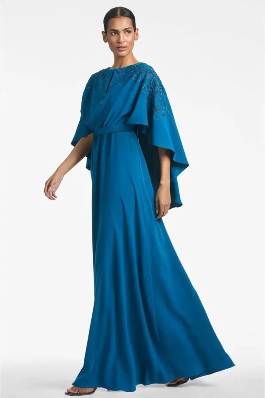 Sachin & Babi Wren Moroccan Blue Cape Embroidered Gown Size 4